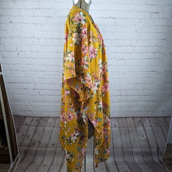 Mustard Yellow Floral Kimono/Wrap w/ Tassels 2X - Picture 4 of 9